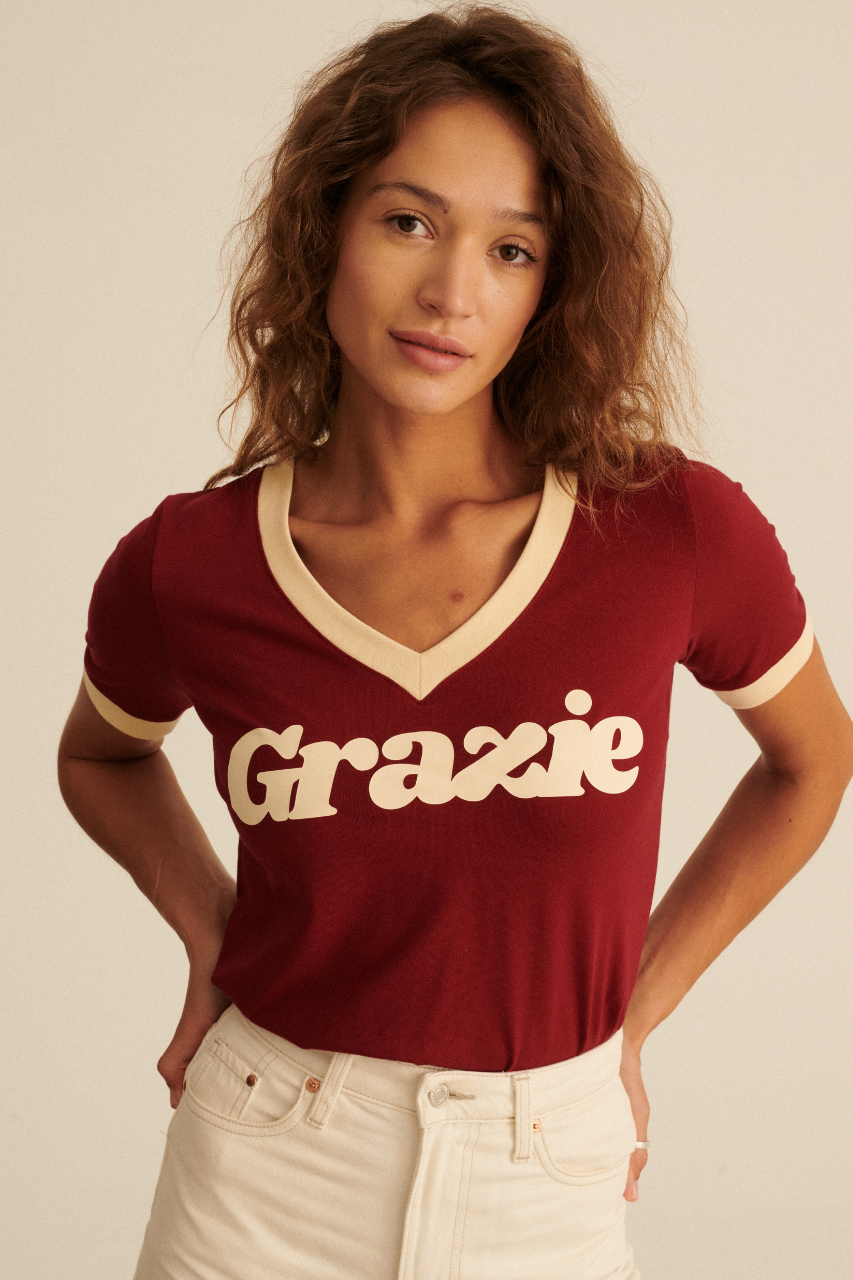 T-SHIRT V-NECK GRAZIE BORDO