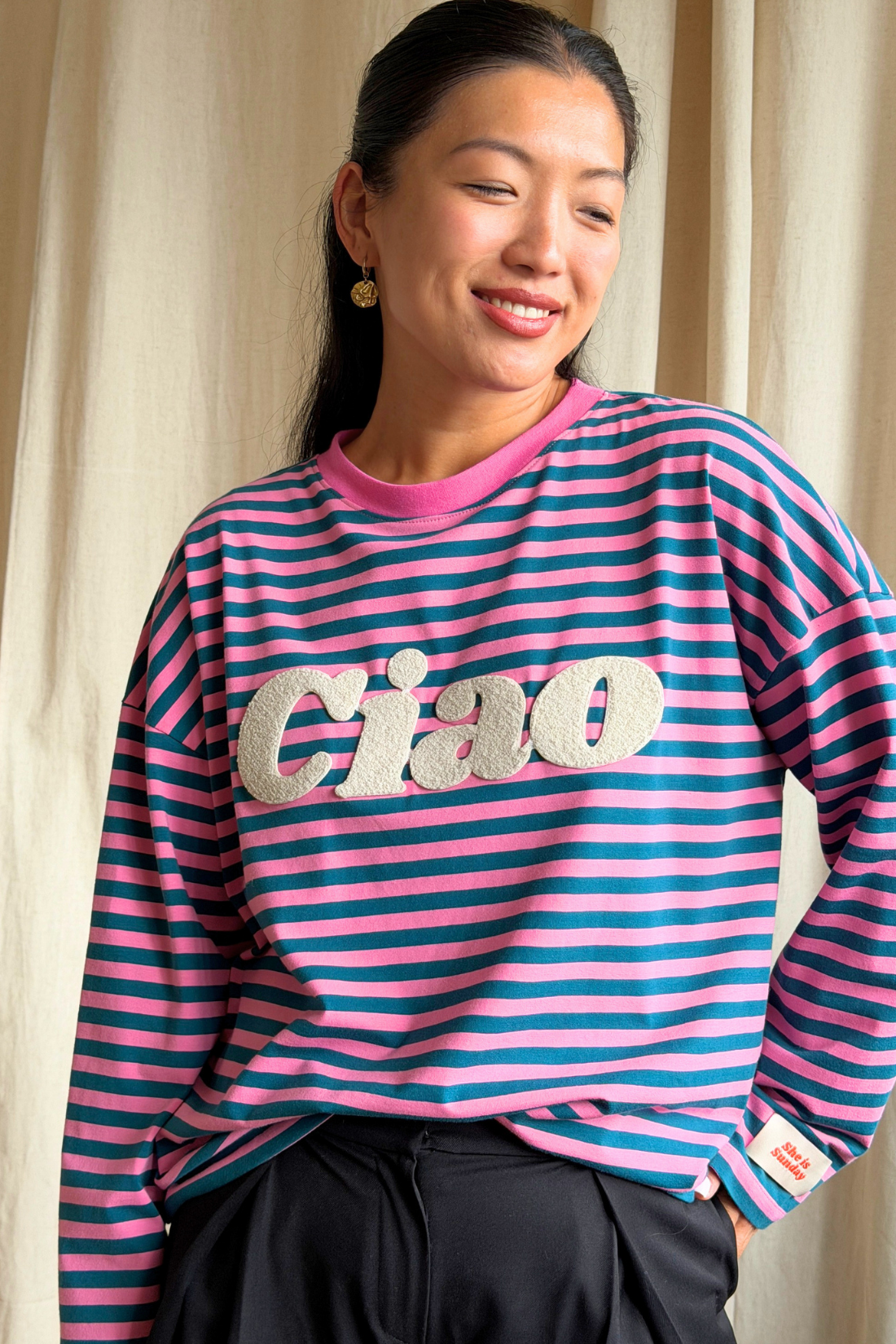 LONGSLEEVE CIAO W PASKI RÓŻOWO-TURKUSOWE