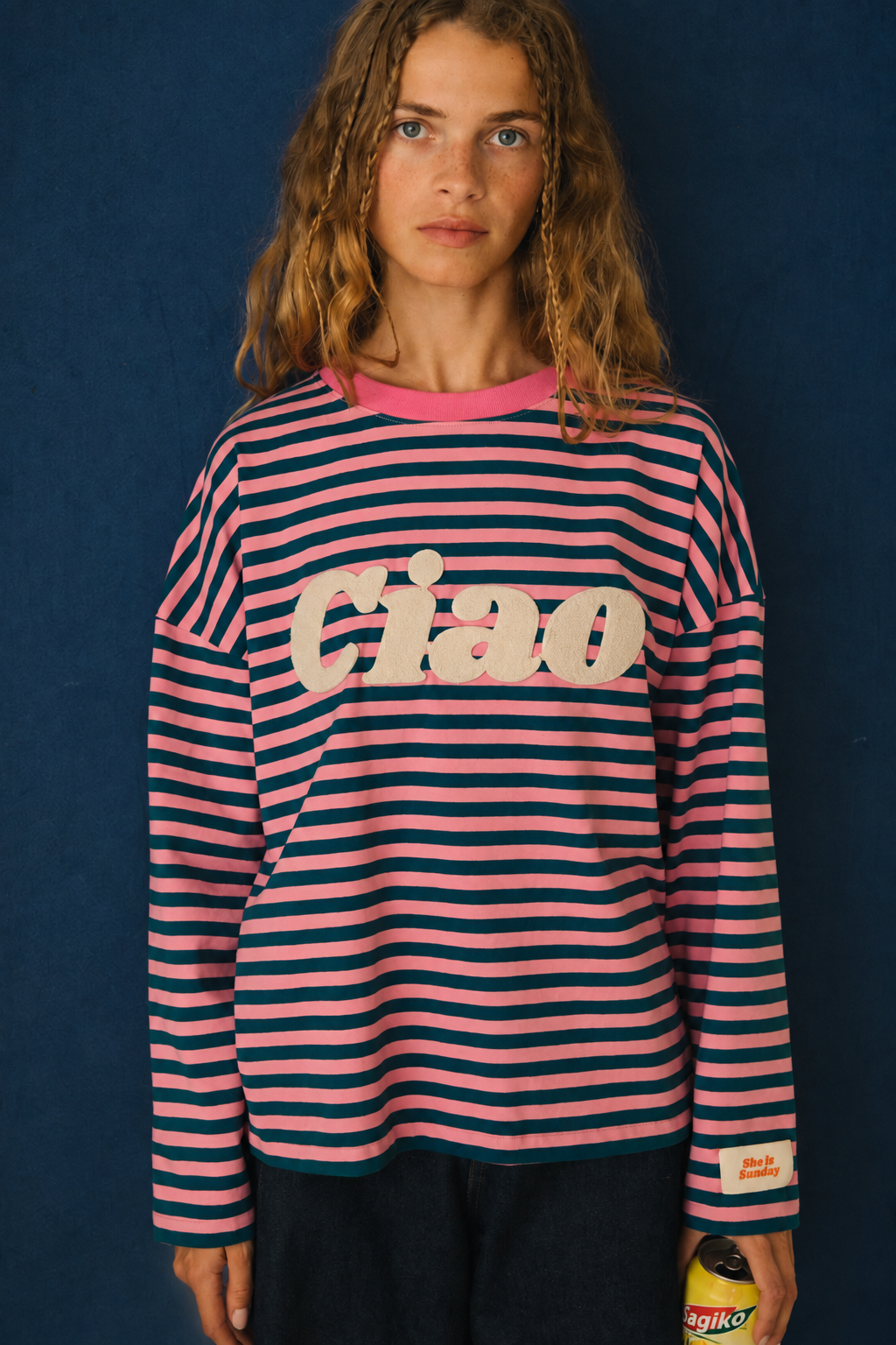 LONGSLEEVE CIAO W PASKI RÓŻOWO-TURKUSOWE