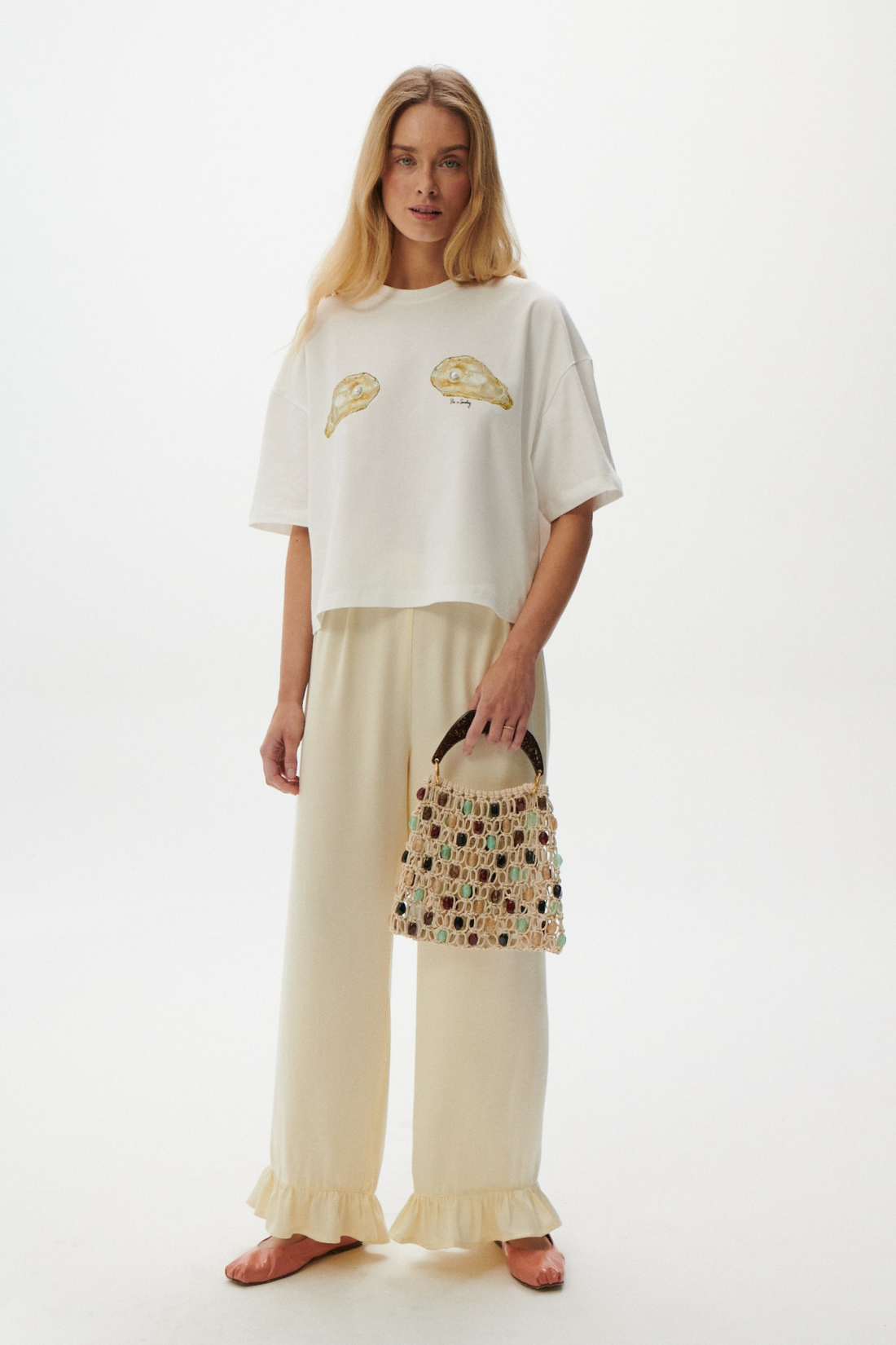 T-SHIRT PERŁA BOXY KREMOWY