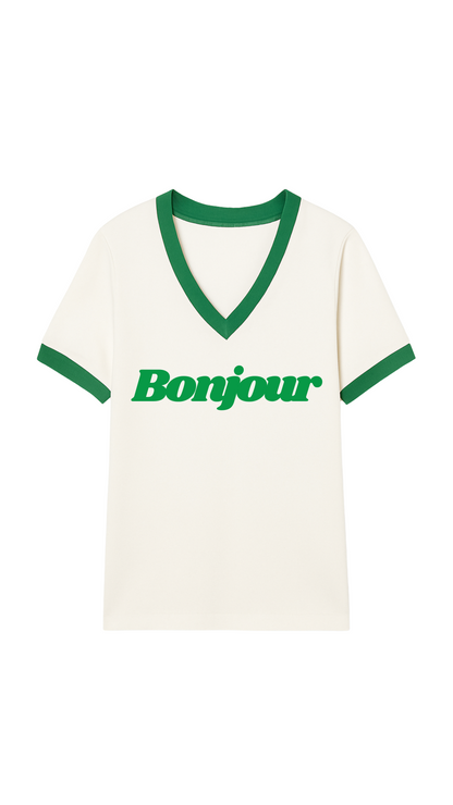 T-SHIRT V-NECK BONJOUR ZIELONY