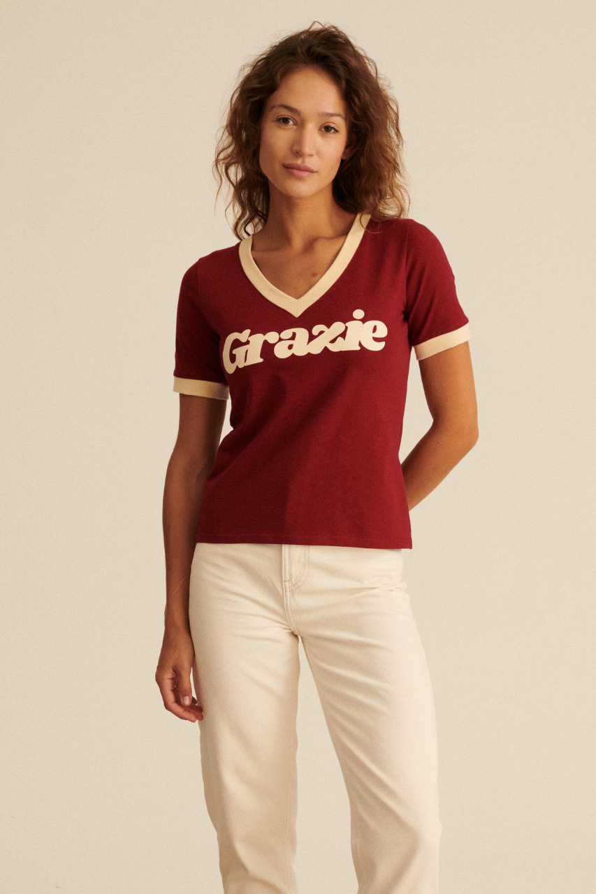 T-SHIRT V-NECK GRAZIE BORDO