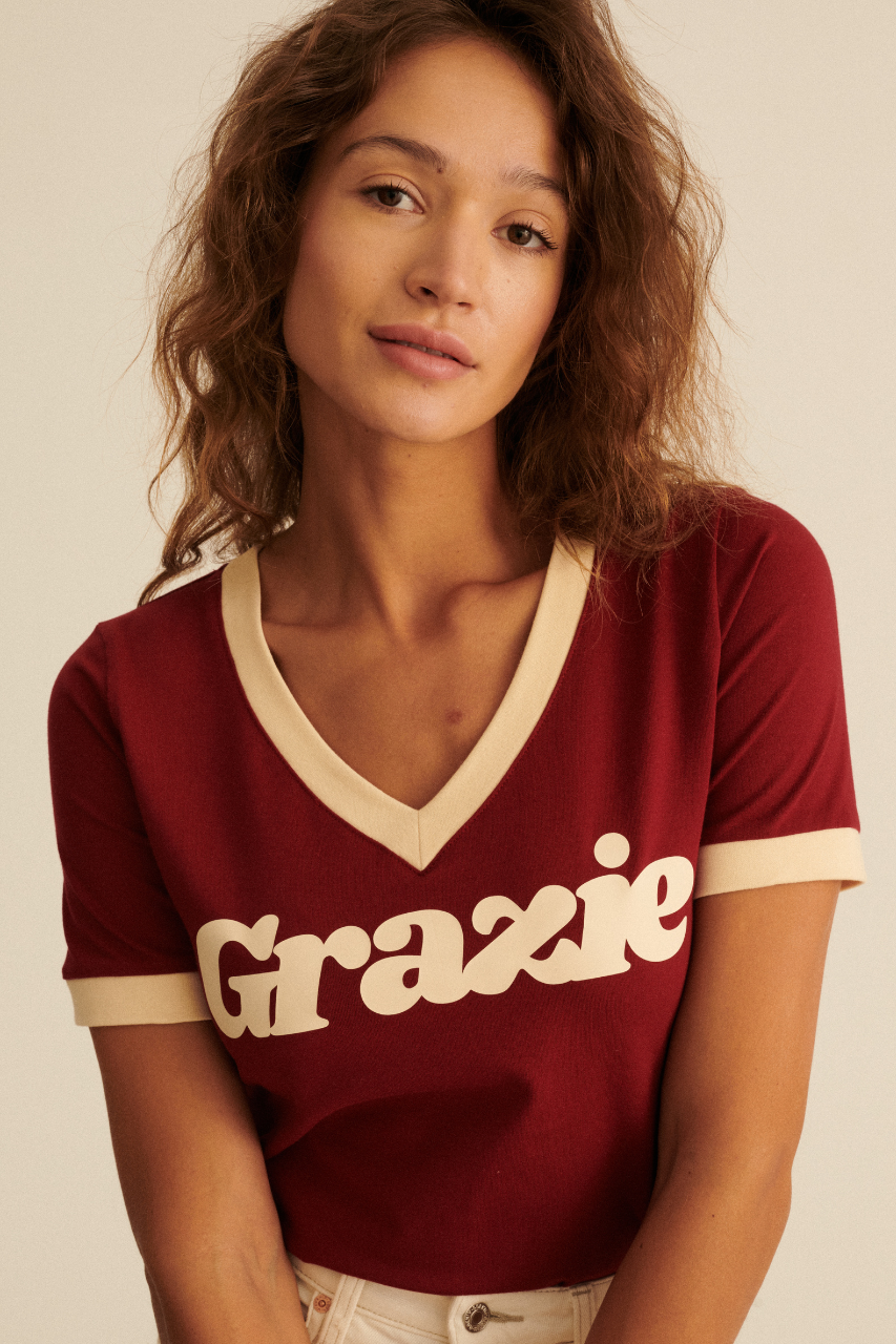 T-SHIRT V-NECK GRAZIE BORDO