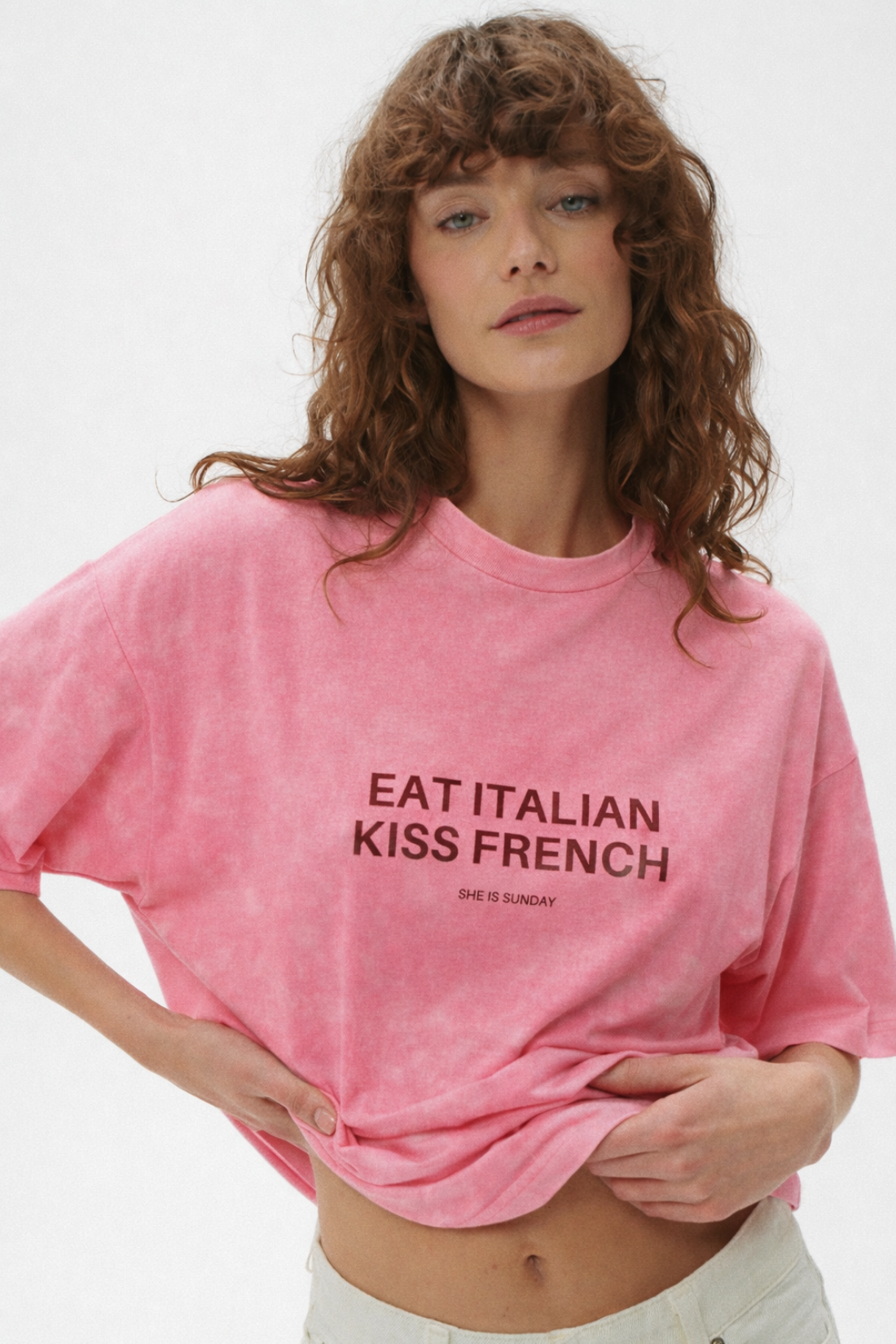 T-SHIRT EAT ITALIAN, KISS FRENCH VINTAGE RÓŻOWY